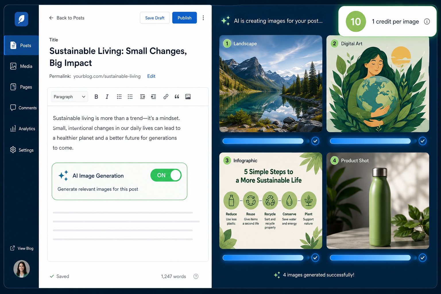 Landscape format (1536x1024) editorial illustration showing a split-screen interface: left side displays a clean white blog article editor with a toggle switch labeled 'AI Image Generation ON', right side shows four distinct AI-generated images appearing in sequence (landscape photo, digital art, infographic, product shot) with a glowing blue progress bar beneath each. Floating credit counter shows '1 credit per image'. Color scheme: white, navy blue, soft green accents. Clean SaaS product UI aesthetic, professional and informative.