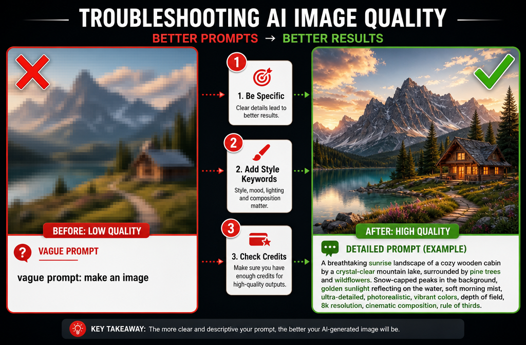 Landscape format (1536x1024) visual troubleshooting guide showing a before-and-after image quality comparison: left panel shows a blurry low-resolution AI image with a red X overlay and a text prompt labeled 'vague prompt: make an image'; right panel shows a sharp, vibrant, high-resolution AI-generated blog cover image with a green checkmark and a detailed prompt visible below it. Between the panels, three numbered tip badges float: '1. Be Specific', '2. Add Style Keywords', '3. Check Credits'. Color scheme: red, green, white, dark gray. Instructional infographic style, clear and educational.