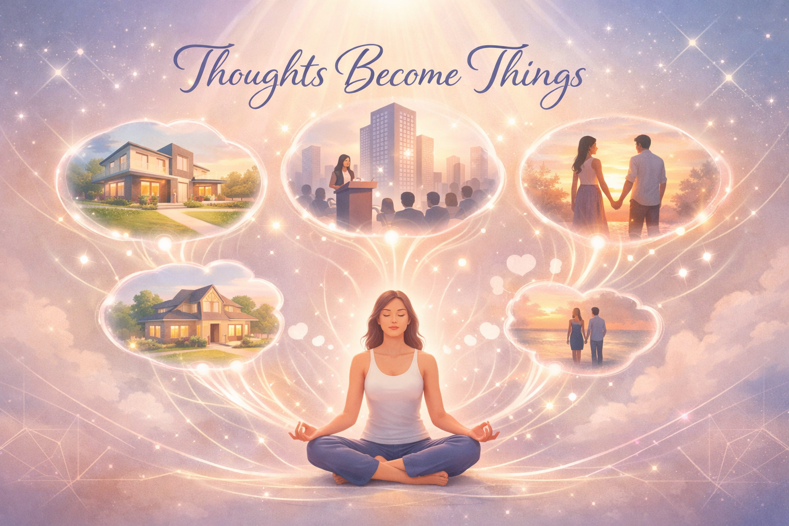 () conceptual illustration showing the manifestation process as a flowing energy diagram. Central figure in meditation pose