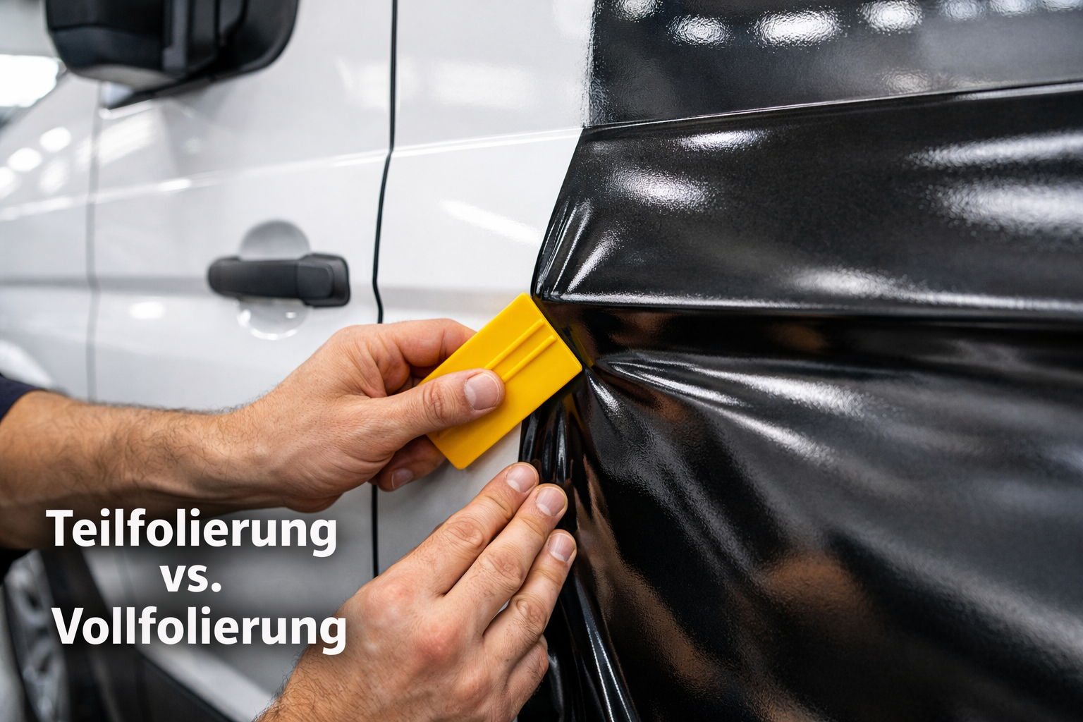 () close-up detail shot showing a professional foiling technician's hands applying a partial vinyl wrap to the side door
