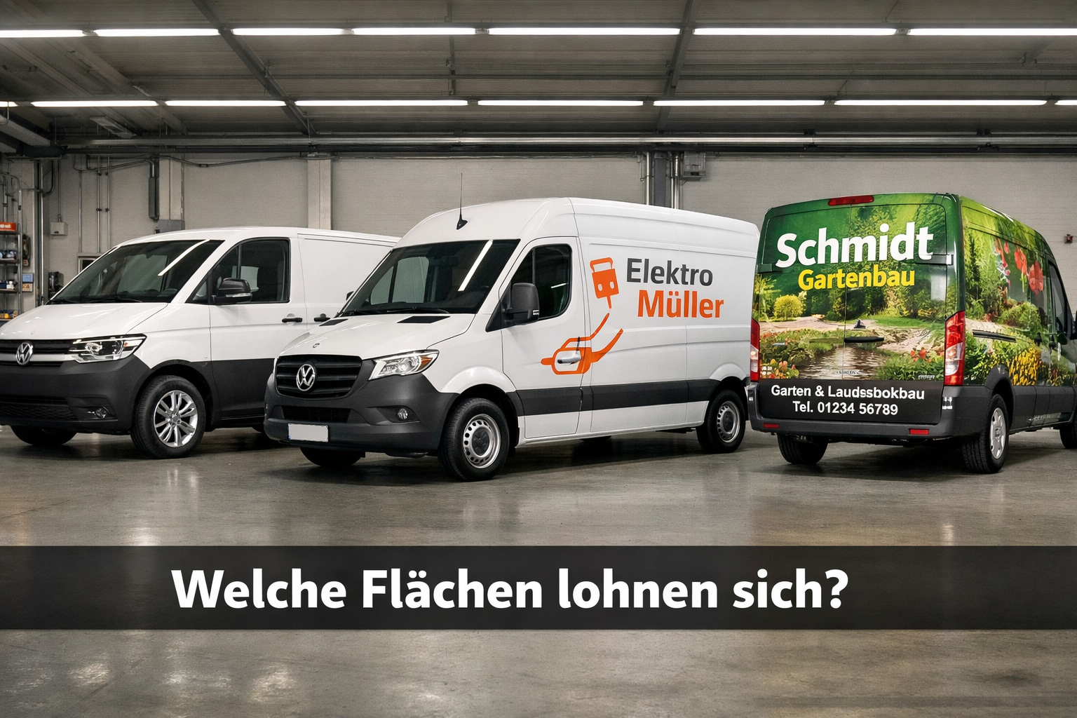 () wide-angle workshop scene showing three different commercial transporters (VW T7, Mercedes Sprinter, Ford Transit) side
