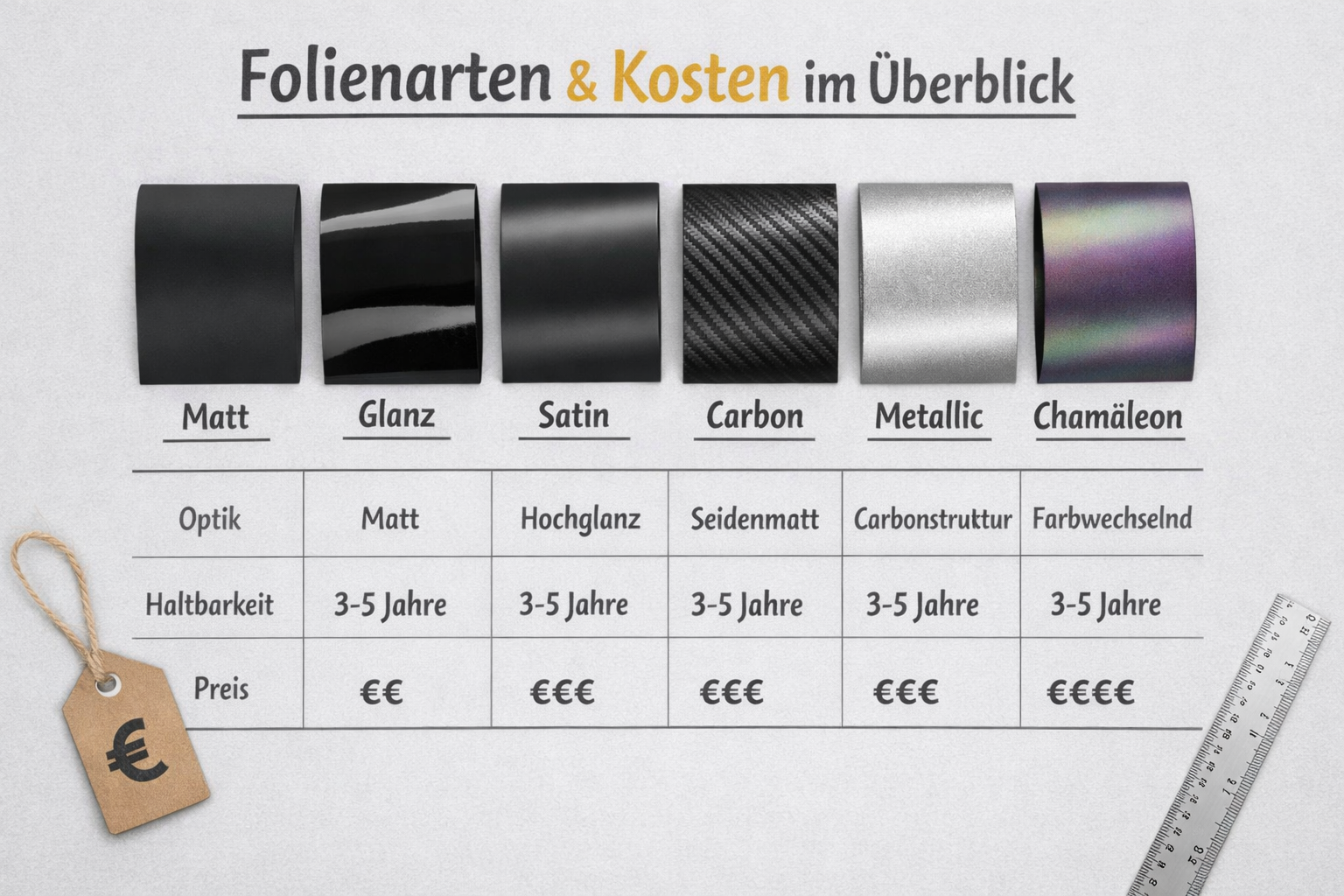 () flat-lay infographic style image showing a comparison table on a light grey surface with vinyl film swatches in various