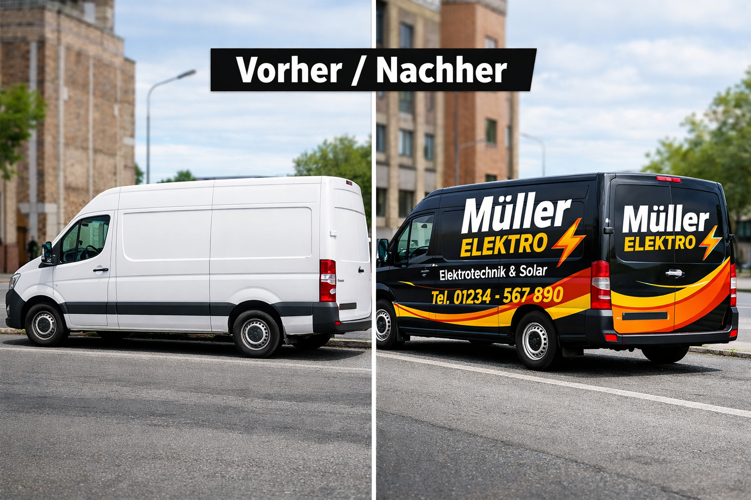 () split-scene image: left half shows a plain white transporter van with no branding parked on a grey street; right half