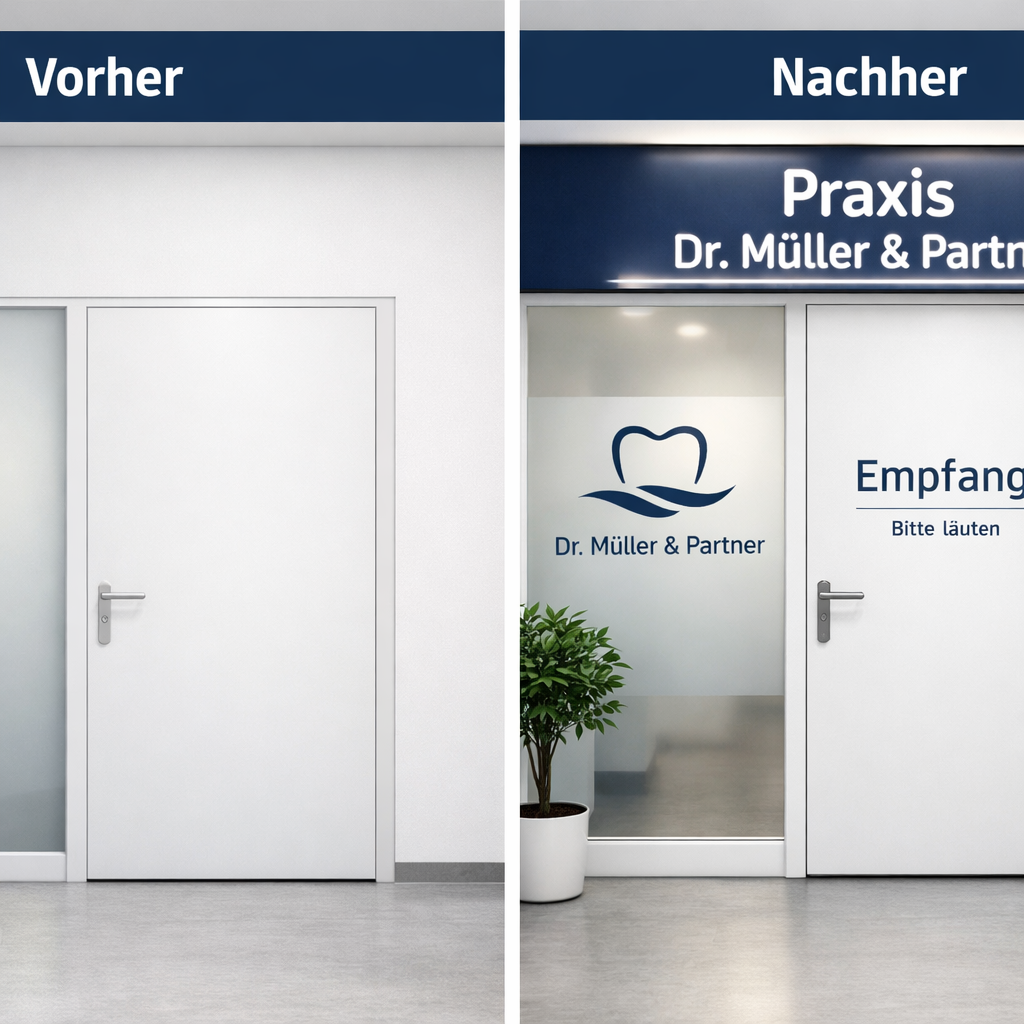() illustration showing a split comparison of a plain unmarked practice entrance versus a professionally branded practice