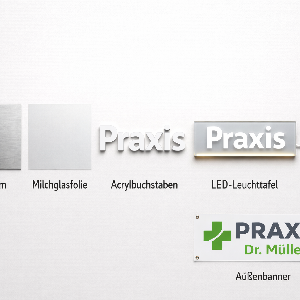 () overhead flat-lay product comparison showing different Praxisbeschriftung material samples arranged on a white surface:
