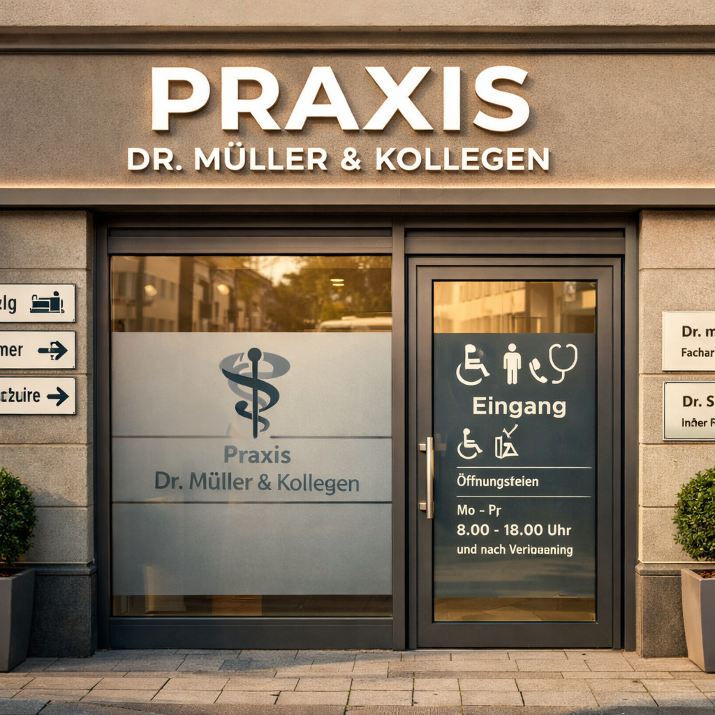 () wide-angle exterior shot of a German Arztpraxis building facade with complete professional Praxisbeschriftung system: