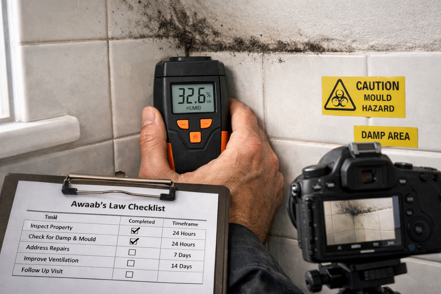 () editorial image showing close-up of building surveyor's hands holding moisture meter pressed against bathroom wall tiles