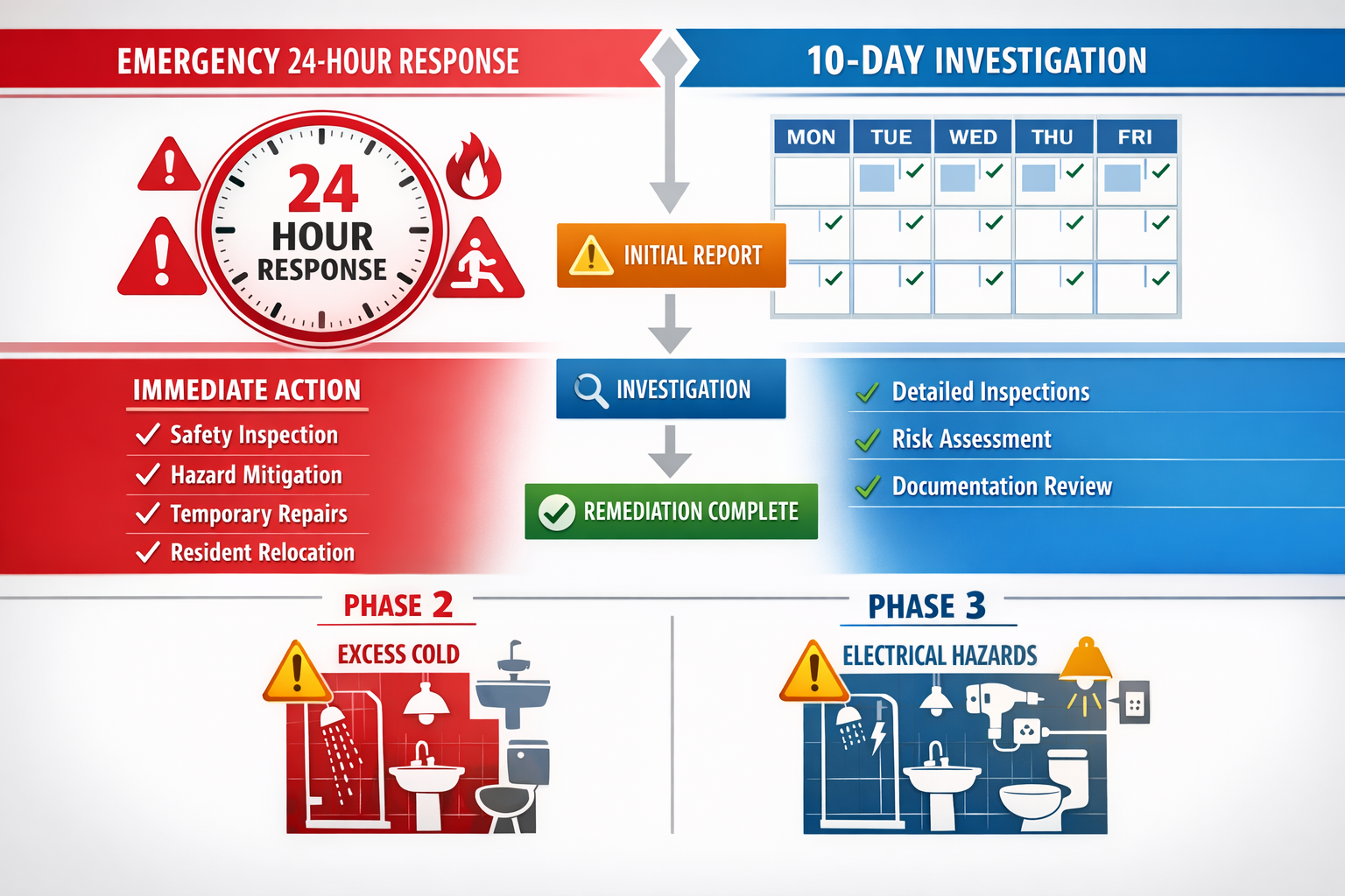 () infographic-style image displaying split-screen comparison of bathroom hazard assessment timelines, left side shows