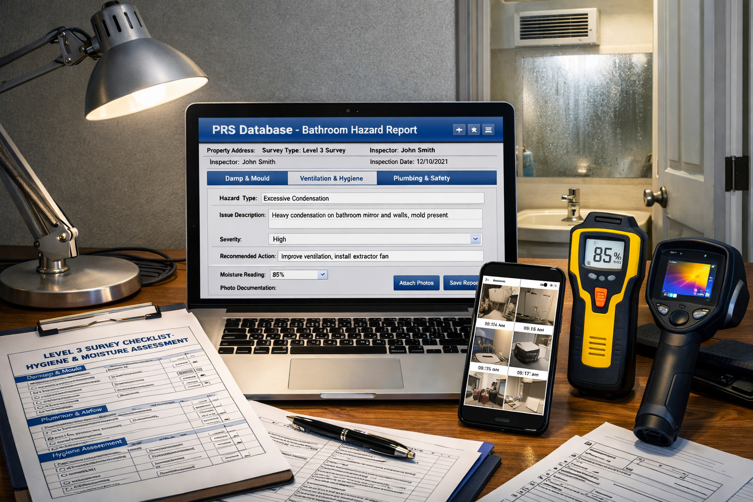 () technical documentation scene showing surveyor's workstation with laptop screen displaying digital PRS database entry