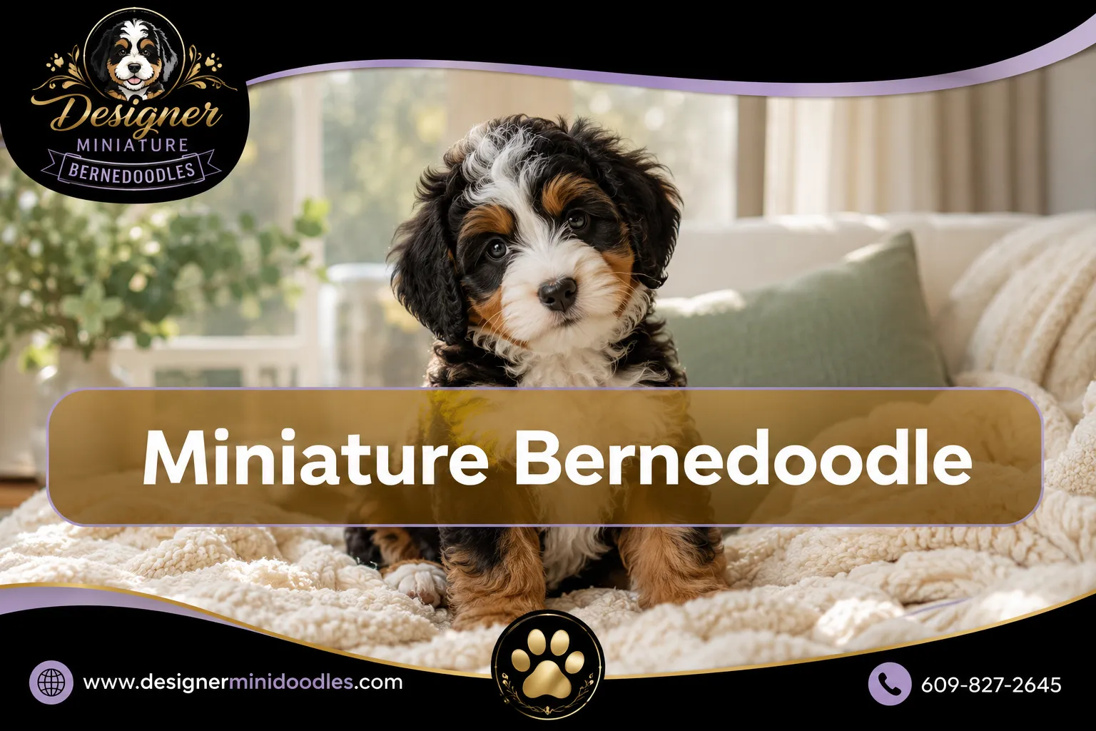 Professional () editorial hero image with SHORT 'Miniature Bernedoodle' in crisp white on a warm semi-transparent panel,