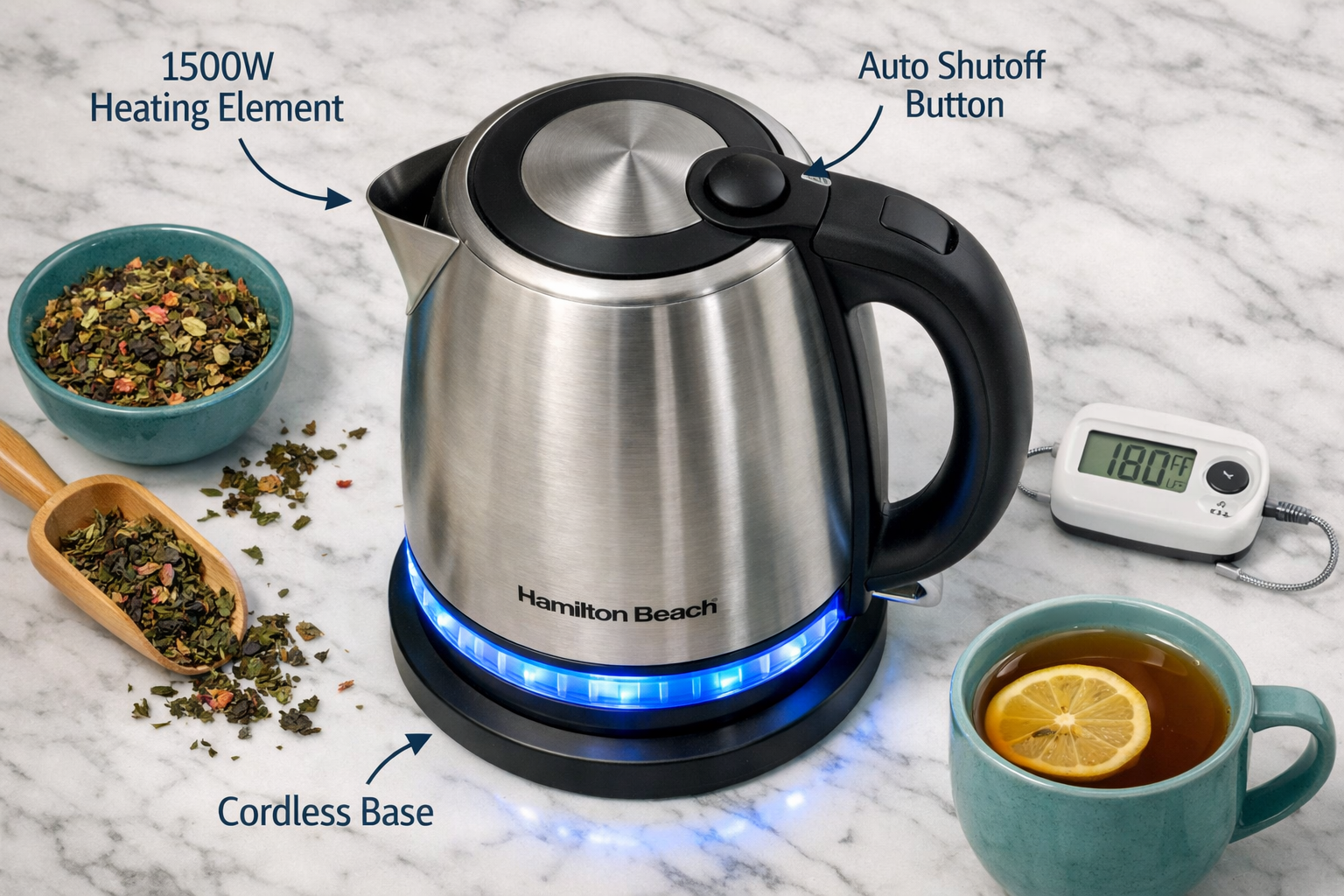 Detailed () editorial image showing a close-up overhead flat-lay of the Hamilton Beach 1.7L stainless steel electric kettle