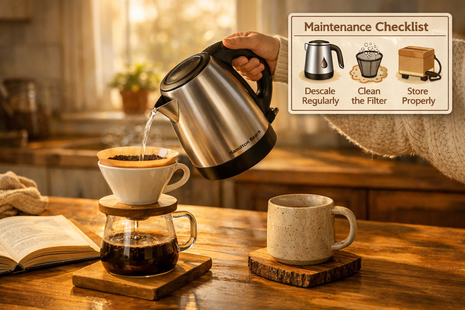 () lifestyle scene showing a person's hands pouring hot water from a Hamilton Beach stainless steel electric kettle into a