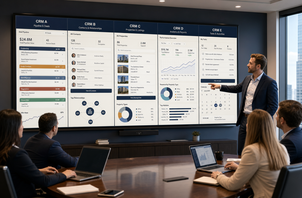 Wide-angle () showing a split-screen comparison of five commercial real estate CRM software interfaces side by side on a