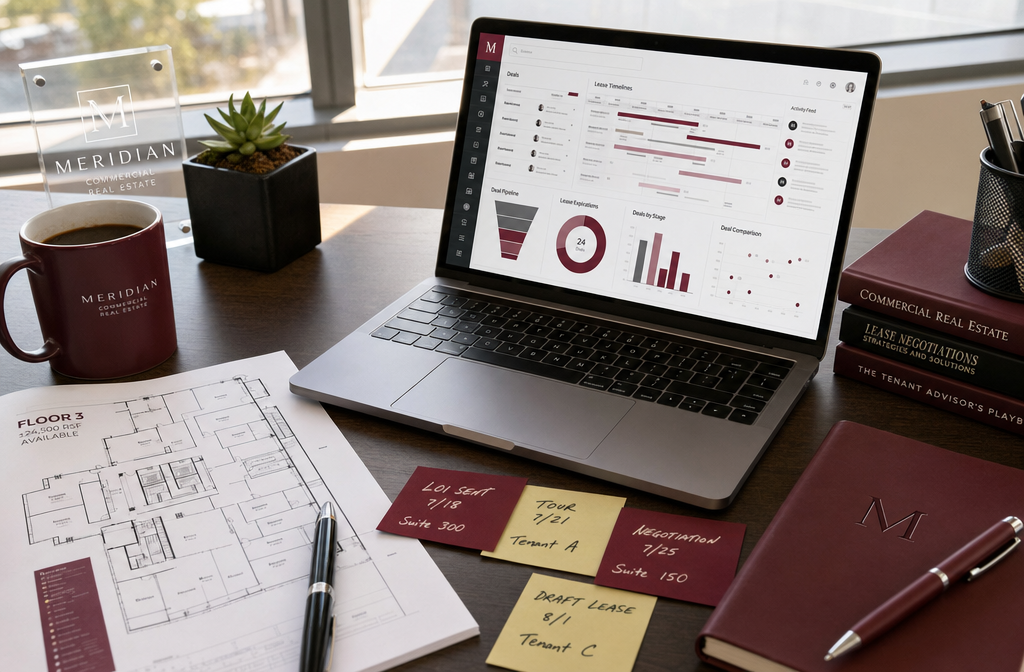 () showing a close-up overhead shot of a commercial broker's desk with a laptop open to a CRM deal tracking dashboard