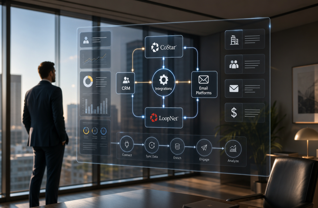 () showing a data visualization concept with a large transparent digital screen floating in a modern office space displaying
