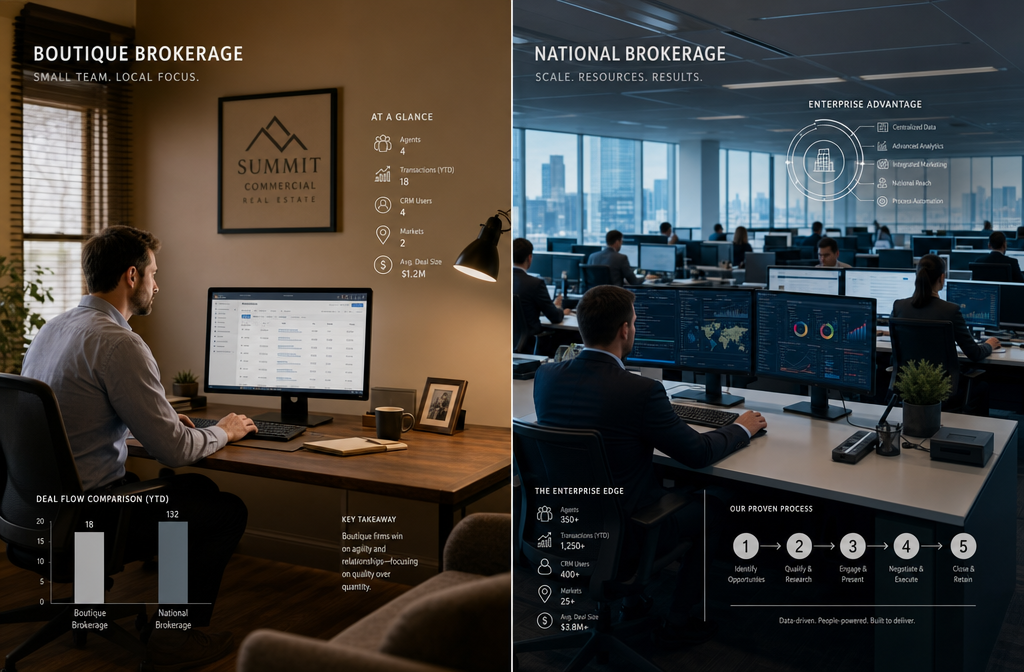 () showing a side-by-side visual comparison of a small boutique commercial real estate office with one agent at a simple CRM