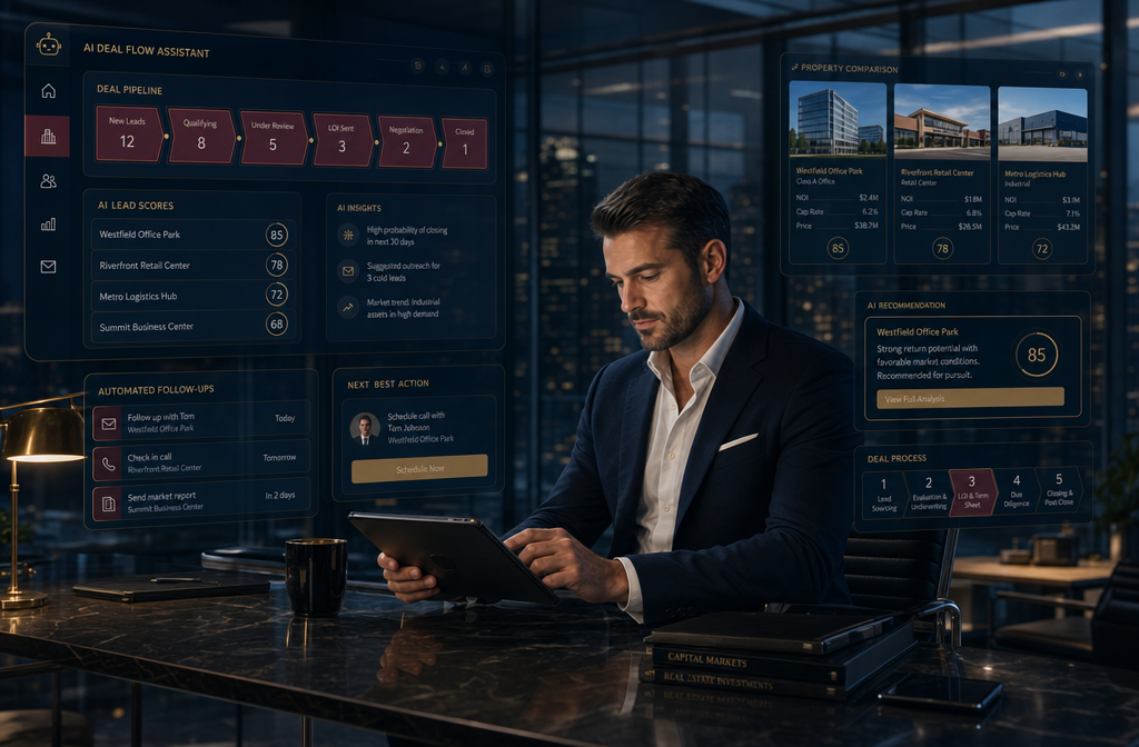 () showing an agentic AI commercial real estate concept with a digital AI assistant interface overlaid on a commercial