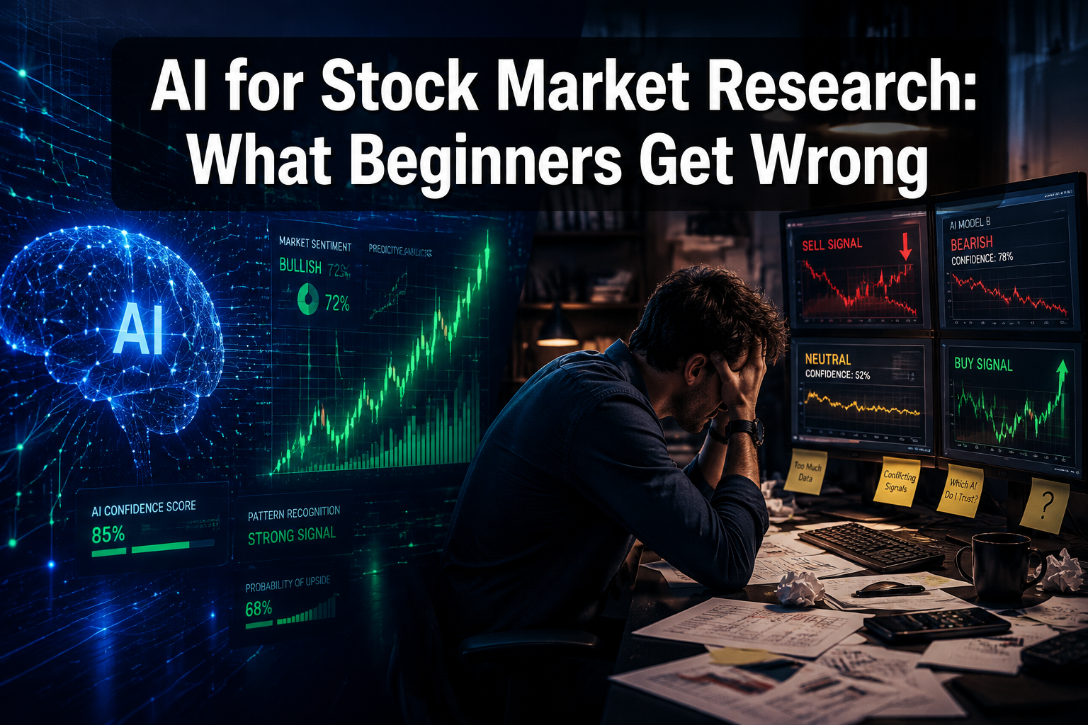 Professional () hero image with : 'AI for Stock Market Research: What Beginners Get Wrong' in extra large white with dark