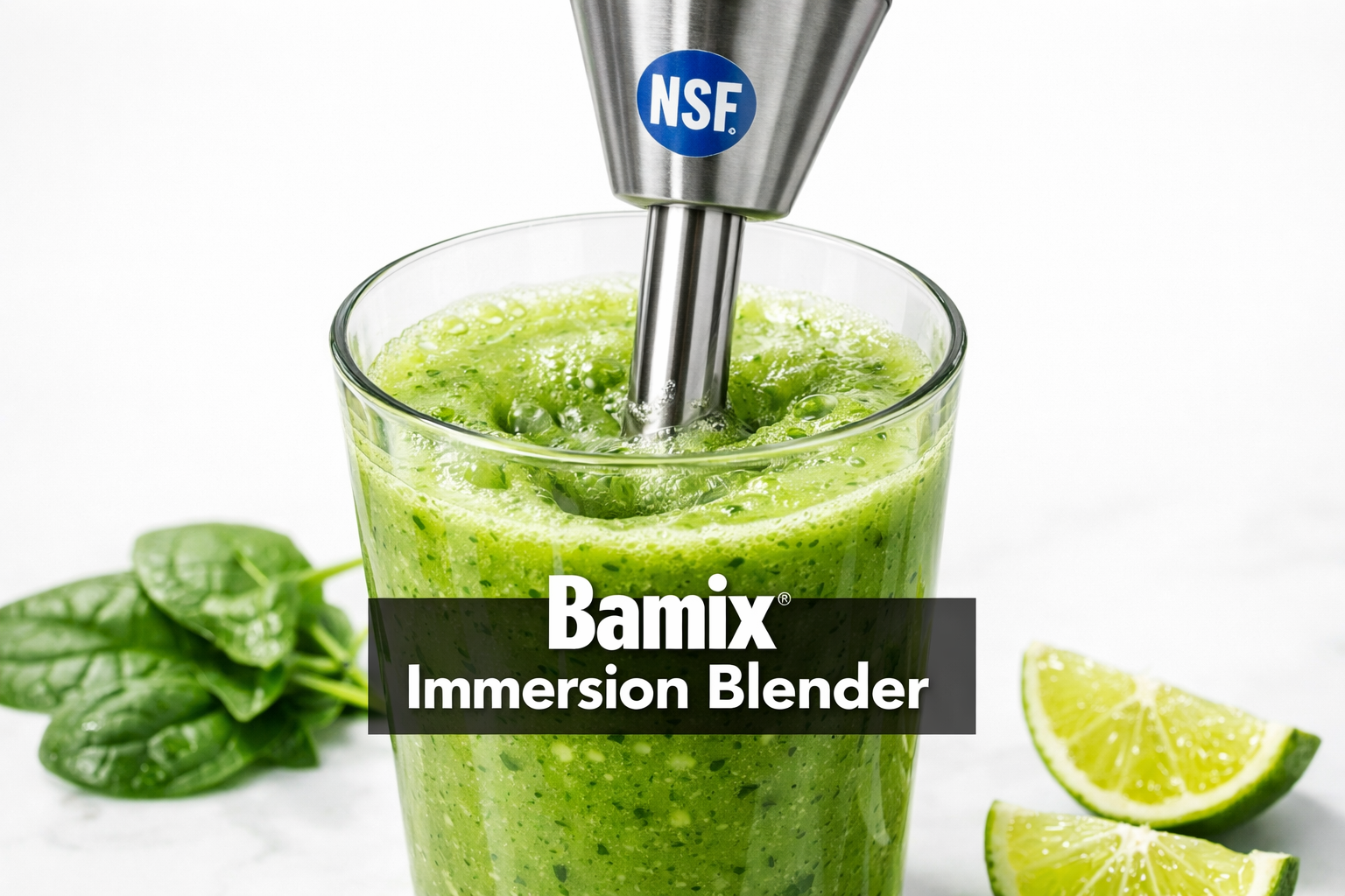 Professional product showcase of the Bamix Immersion Blender NSF model — close-up of the slim stainless steel wand with NSF certification badge visible, blending a green smoothie in a tall glass, bright studio lighting on white background, product name 'Bamix Immersion Blender' displayed as bold label overlay.