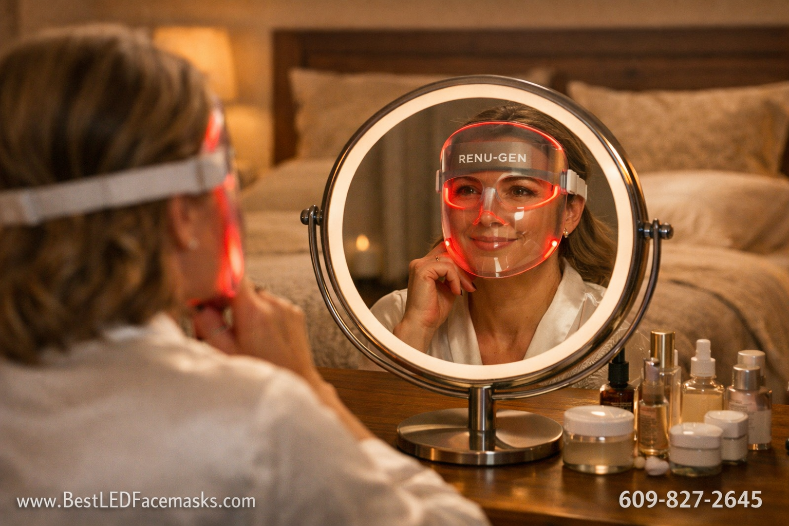 Detailed () showing a woman in her 40s seated at a vanity mirror using the Renu-Gen LED face mask during a home skincare