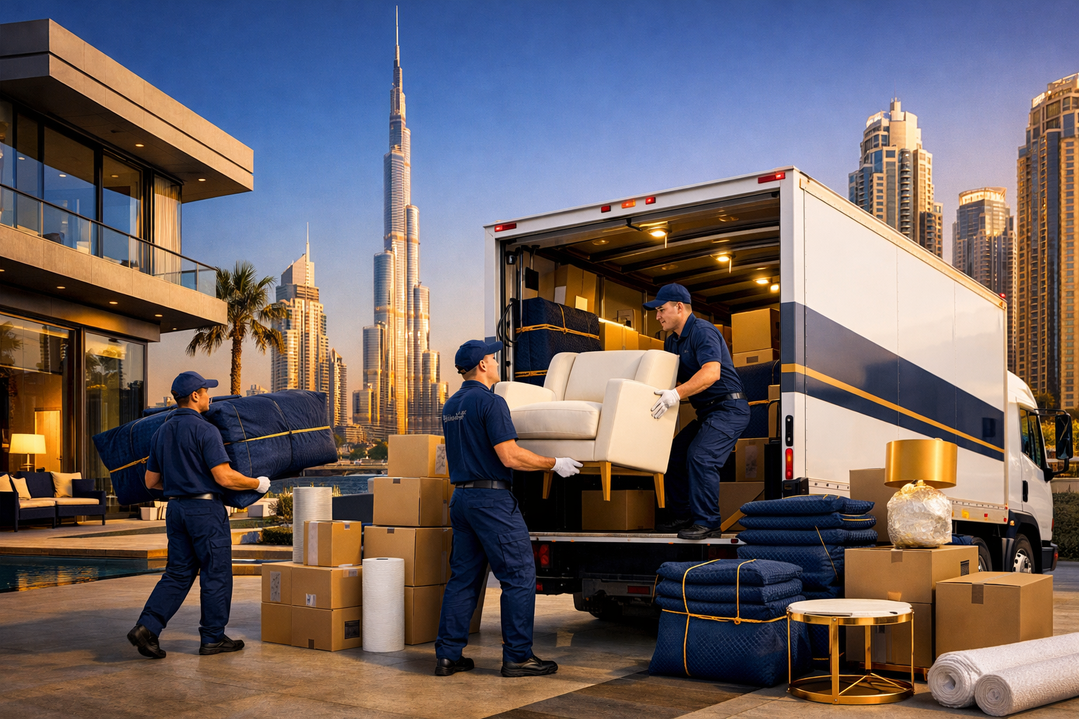 Professional landscape format (1536x1024) editorial image showing modern villa moving scene in Downtown Dubai with Burj Khalifa skyline back