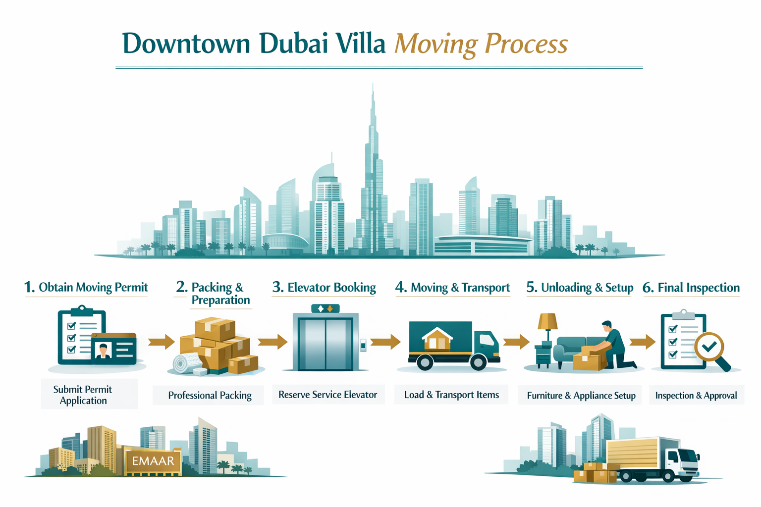 Landscape format (1536x1024) detailed infographic showing Downtown Dubai villa moving process timeline with 6 sequential steps, modern icons