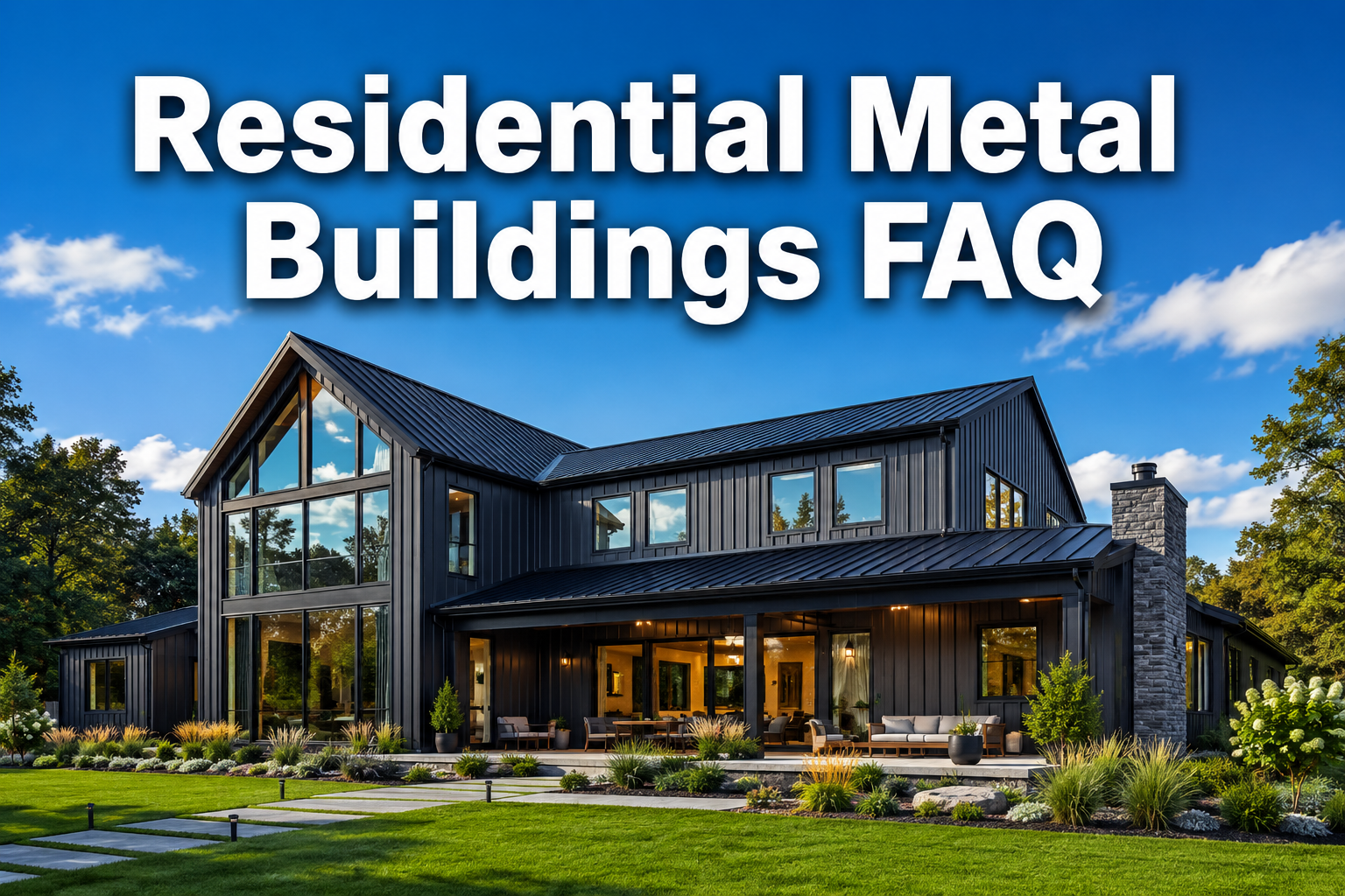 Professional () hero image with : 'Residential Metal Buildings FAQ' in extra large white with dark drop , centered in upper