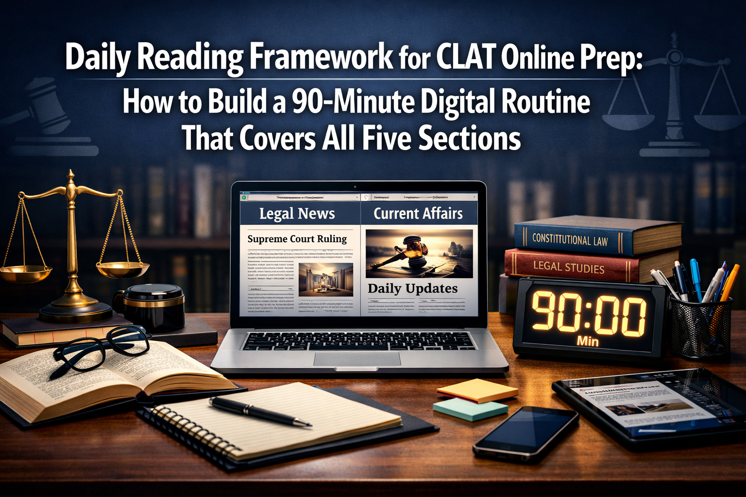 Professional () hero image with 'Daily Reading Framework for CLAT Online Prep: How to Build a 90-Minute Digital Routine That