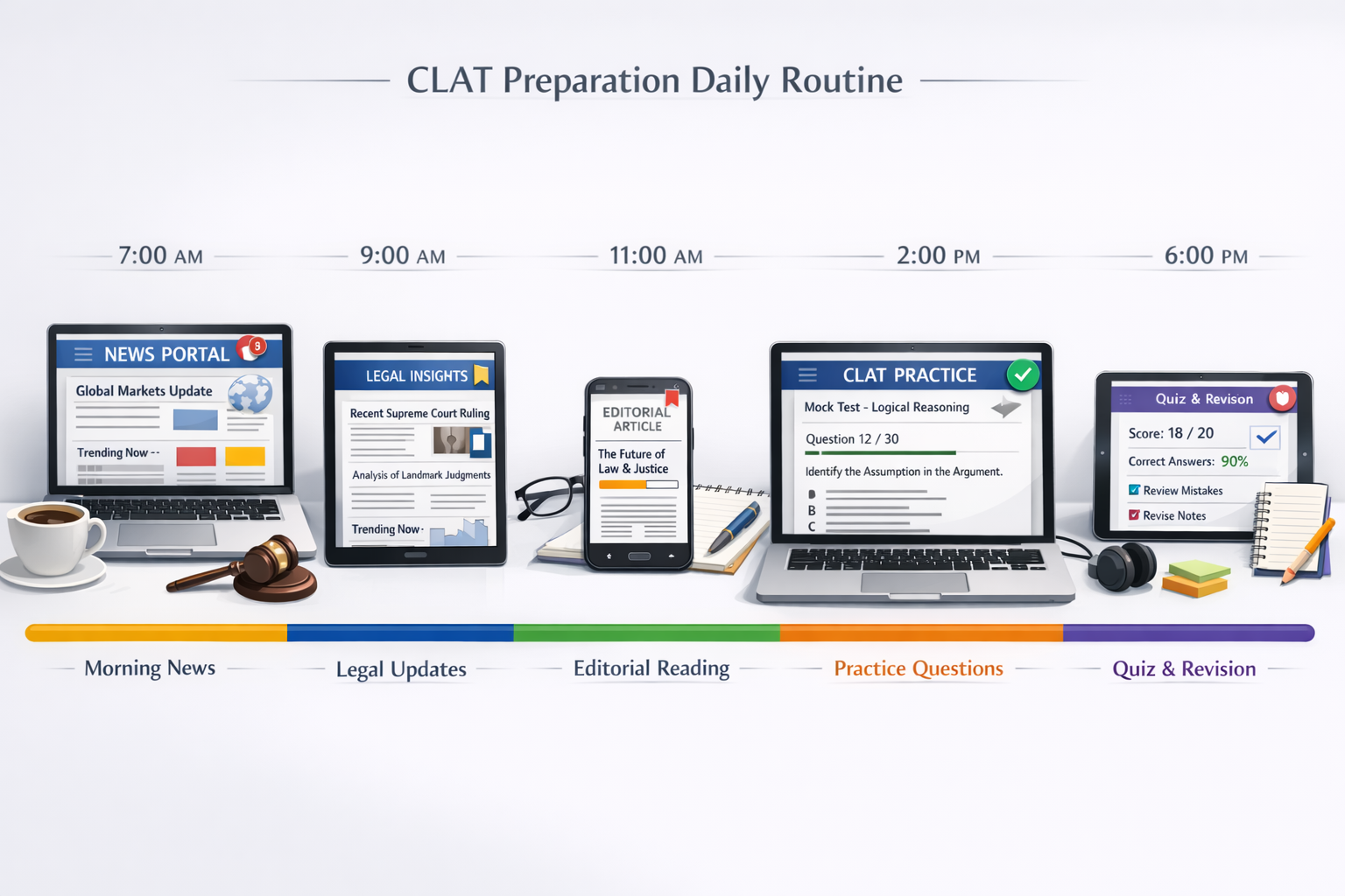 Professional () visualization of a structured daily routine timeline from morning to evening, featuring digital devices