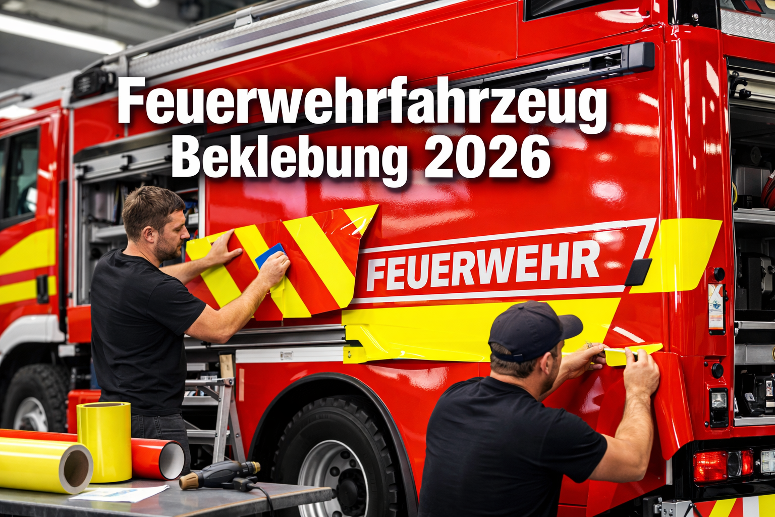 Professional landscape format (1536x1024) hero image featuring bold text overlay 'Feuerwehrfahrzeug Beklebung 2026' in extra large 72pt whit