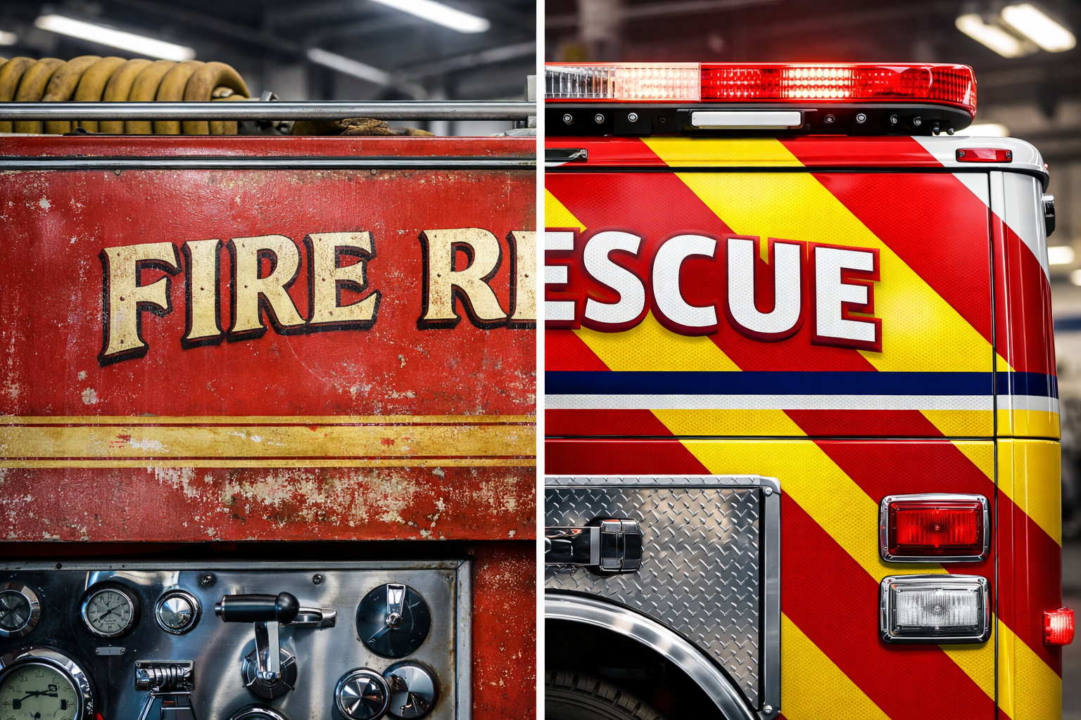 Landscape format (1536x1024) image showing close-up comparison of traditional painted fire truck versus modern vinyl-wrapped emergency vehic