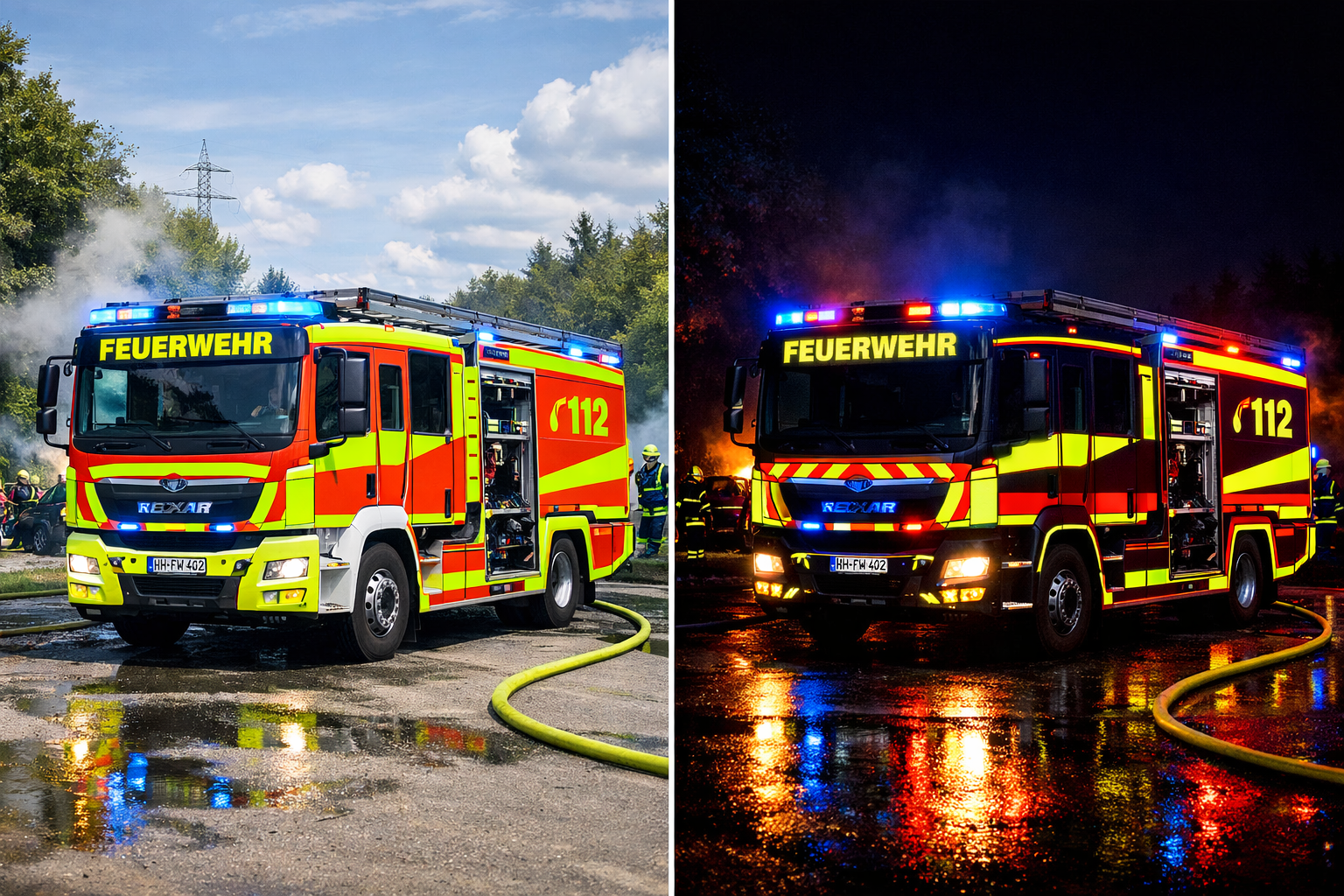 Detailed landscape image (1536x1024) displaying fire truck at emergency scene during both day and night conditions, showcasing fluorescent b