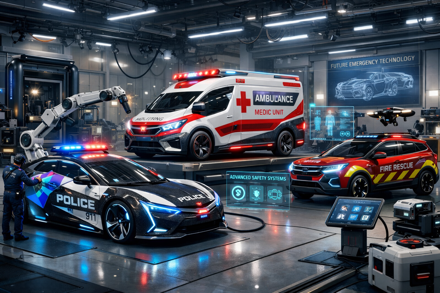 Modern landscape format (1536x1024) image showing future trends in emergency vehicle design, advanced wrapping technologies, smart materials