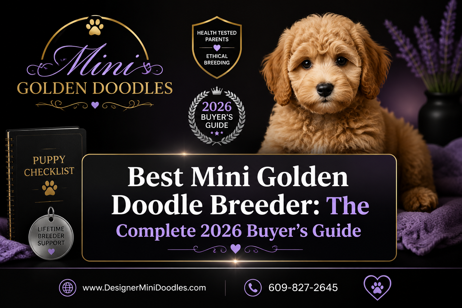 A reading "Best Mini Golden Doodle Breeder: The…". CRITICAL TYPOGRAPHY RULES: render the text on 1–2 lines, centered, with