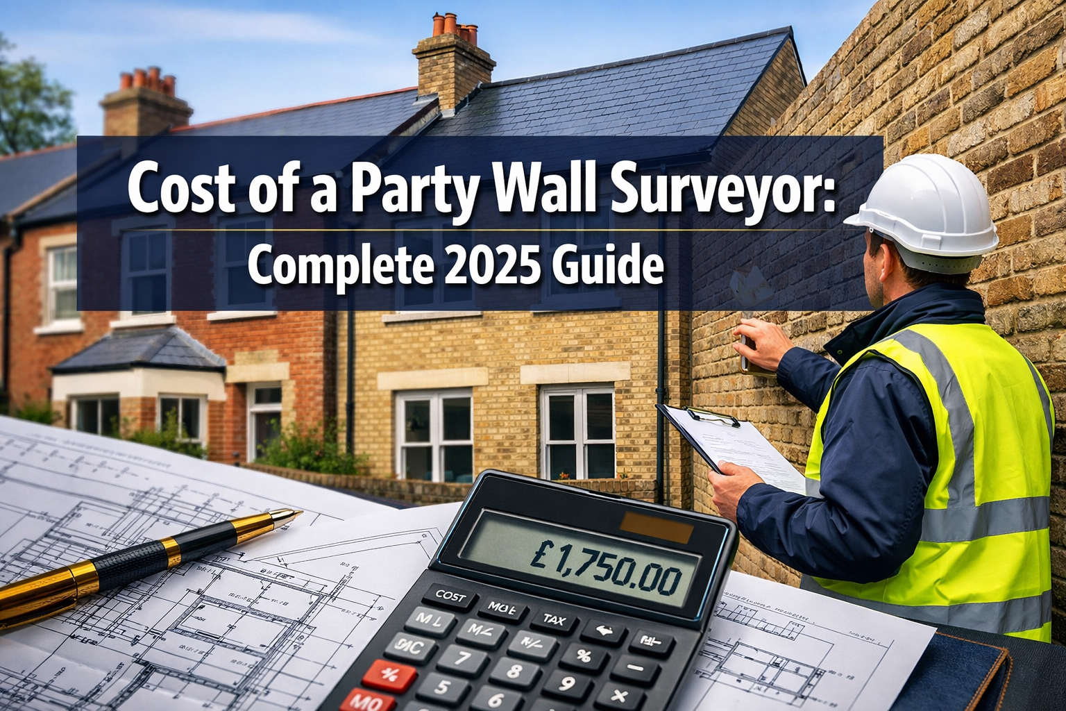Professional landscape hero image (1536x1024) featuring bold text overlay 'Cost of a Party Wall Surveyor: Complete 2025 Guide' in extra larg