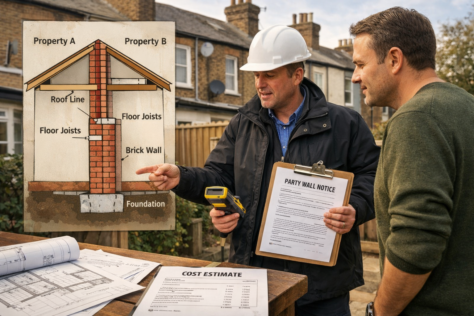 Landscape editorial image (1536x1024) depicting professional party wall surveyor conducting inspection at residential property boundary. Sce