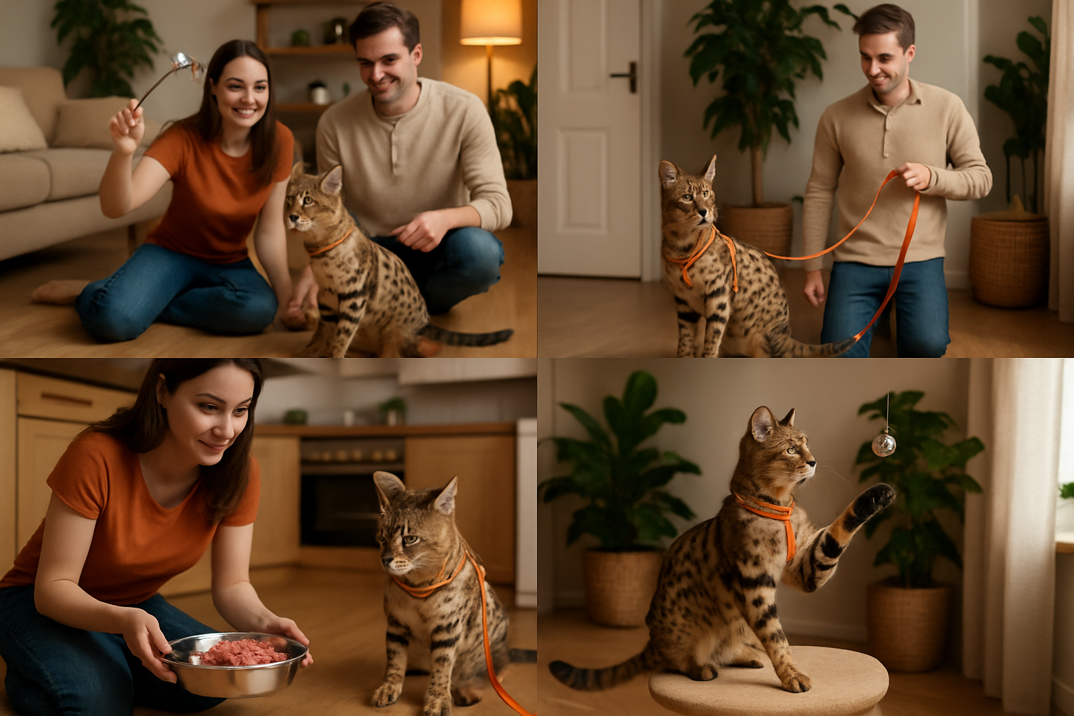 Lifestyle scene showing HPF1 Savannah cat in family home environment, interactive play with owners, leash training demonstration, raw diet f