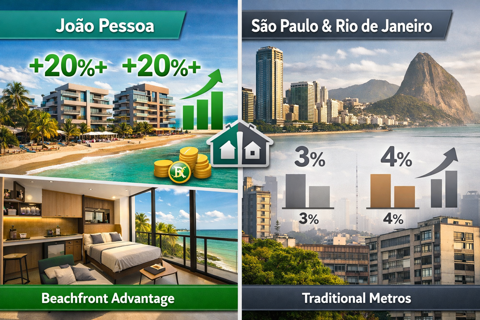 Detailed () image showing split-screen comparison of João Pessoa versus São Paulo and Rio de Janeiro real estate markets.