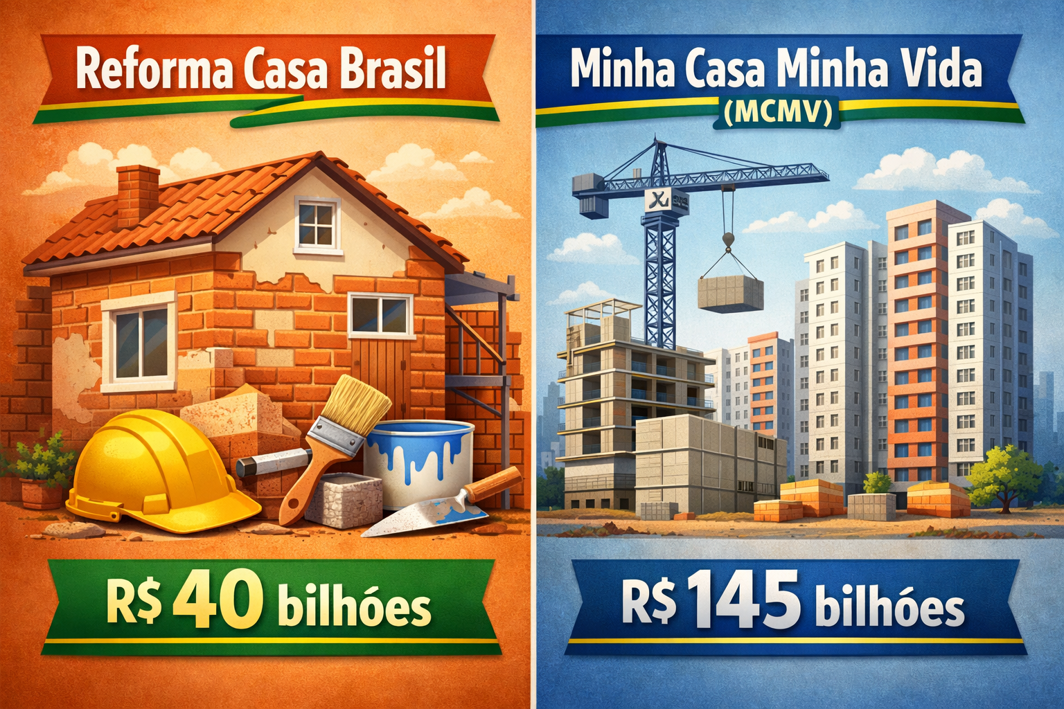 Detailed () split-screen infographic illustration comparing two Brazilian housing programs side by side: left panel shows
