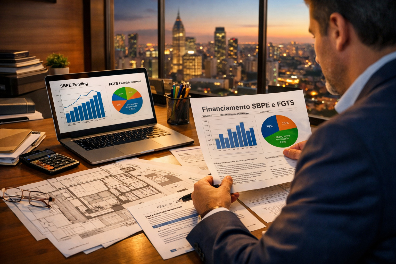 Detailed () showing a Brazilian real estate developer at a modern desk reviewing dual-program financing documents, laptop