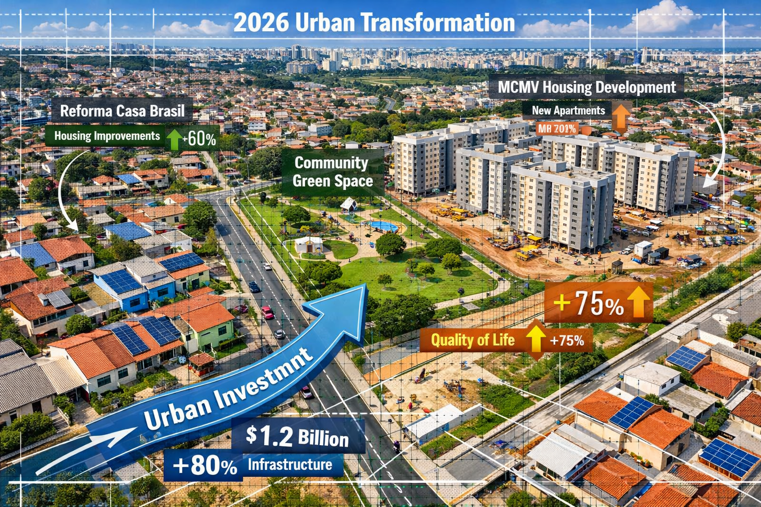Detailed () bird's-eye view of a Brazilian mixed-income neighborhood in 2026 showing strategic urban transformation: