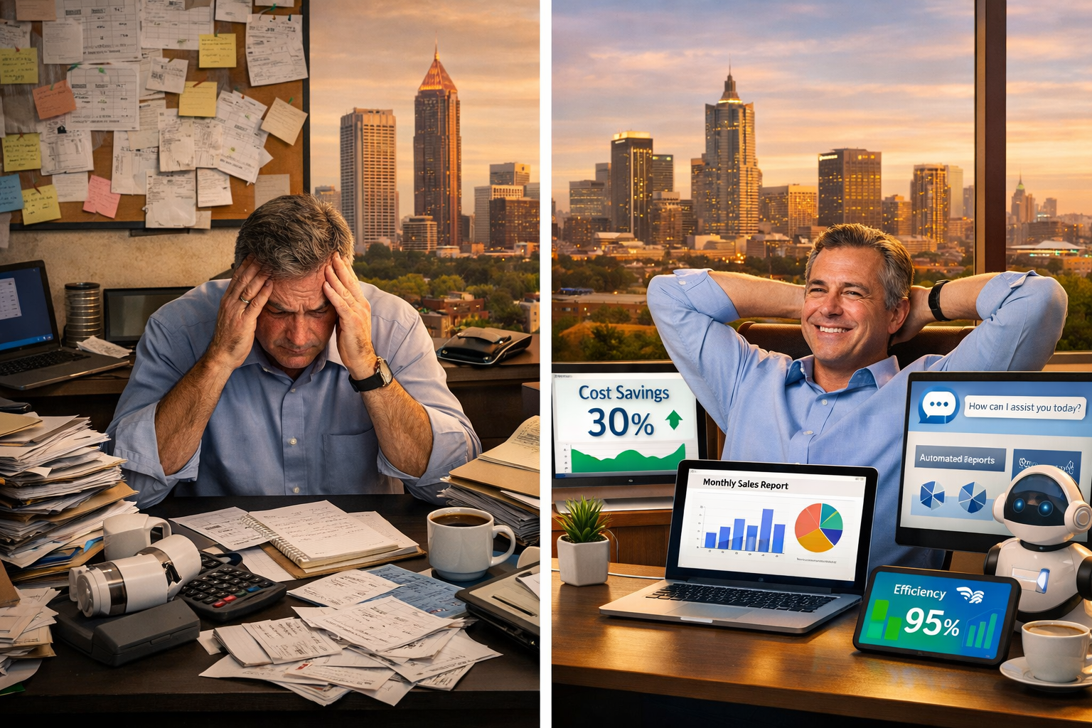 Landscape format (1536x1024) showing AI automation in small business setting with split-screen comparison: left side shows traditional manua