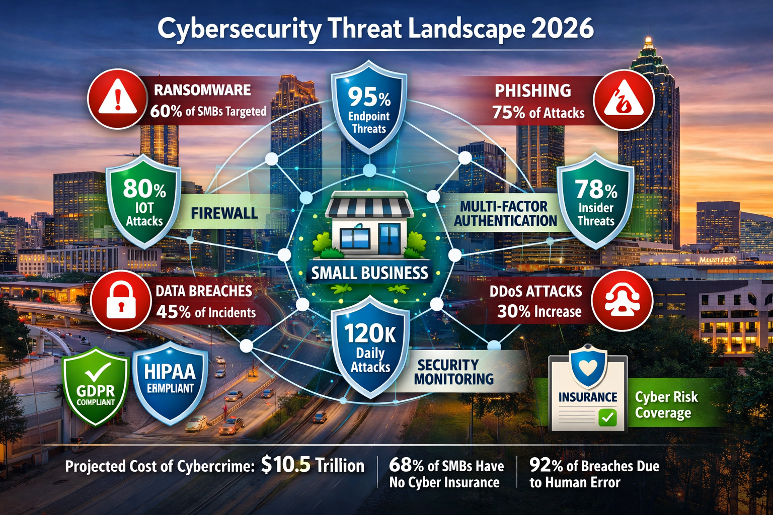 Cybersecurity threat landscape visualization for 2026 showing interconnected network diagram with small business at center, various cyber th