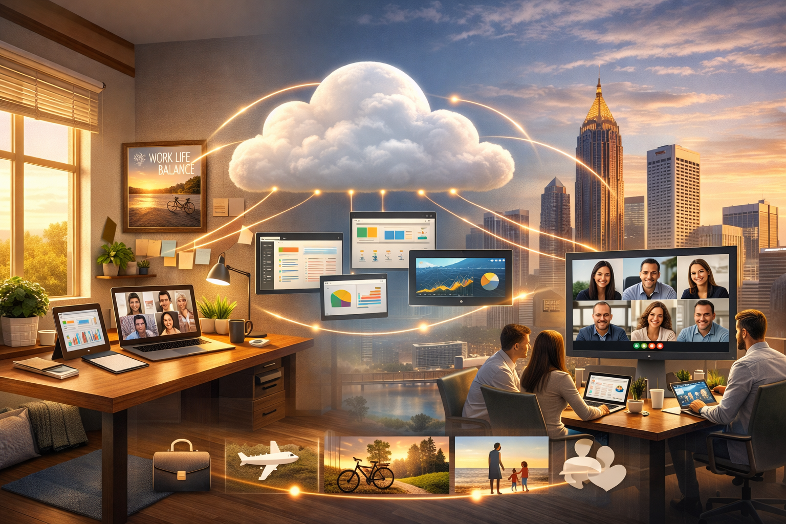 Remote work evolution concept showing hybrid workplace transformation: modern home office setup connected to Atlanta corporate headquarters 