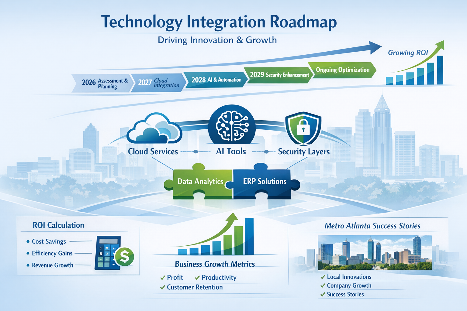 Technology integration roadmap infographic displaying timeline from 2026 onwards, showing interconnected tech stack with cloud services, AI 