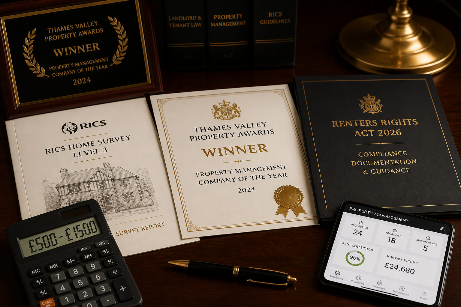 Close-up flat-lay photograph of a party wall award document, RICS survey report, and Renters Rights Act 2026 compliance
