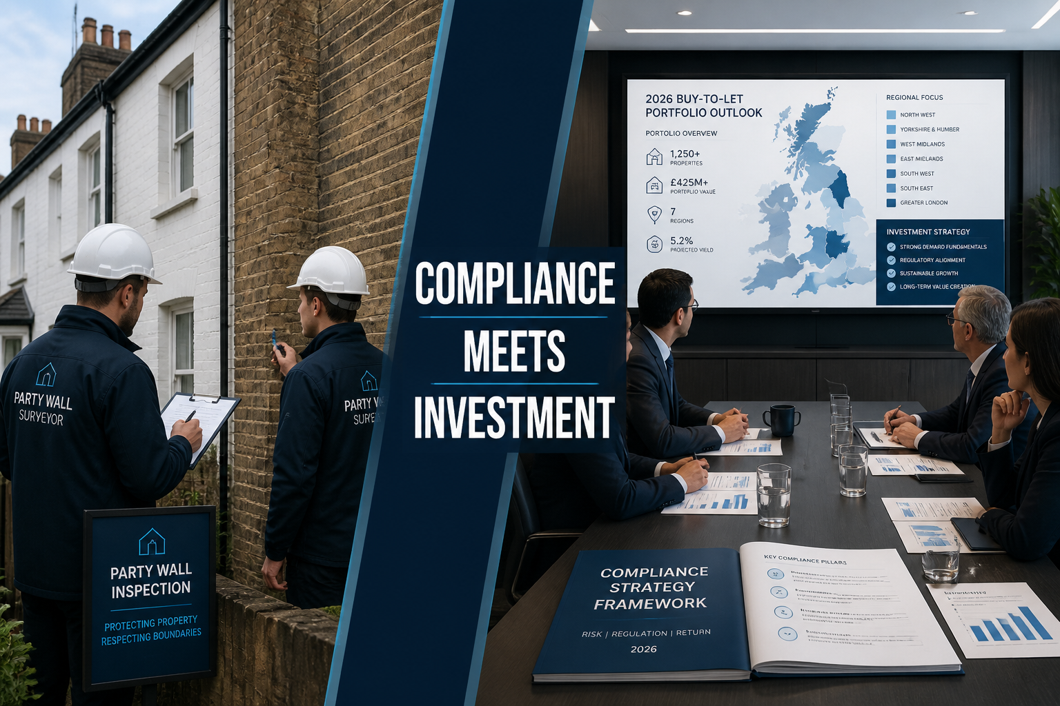 Split-scene landscape image: left side shows two professional surveyors in hard hats conducting a party wall inspection at a