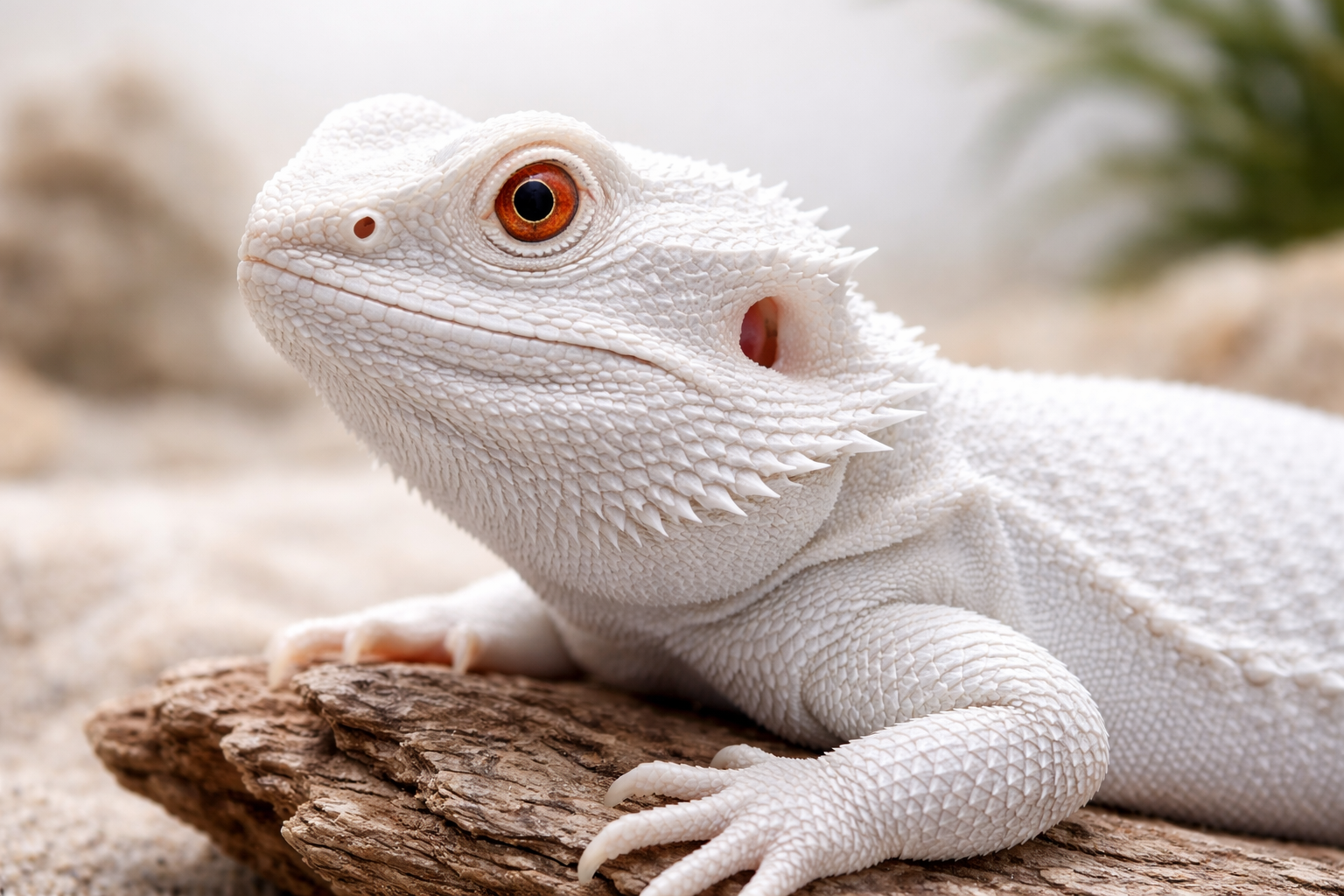 Close-up portrait of a zero bearded dragon showing the distinctive translucent white scales and lack of pigmentation, with detailed texture 