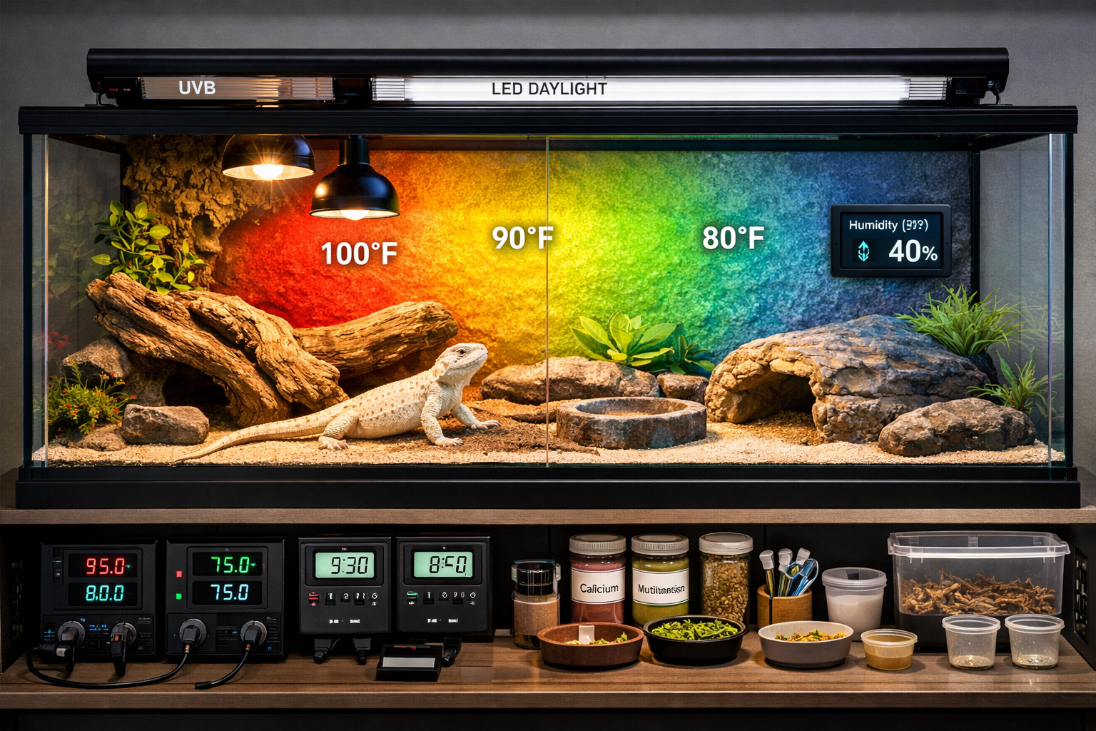 Premium terrarium setup specifically designed for zero bearded dragons, featuring optimal UVB lighting systems, temperature gradient visuali