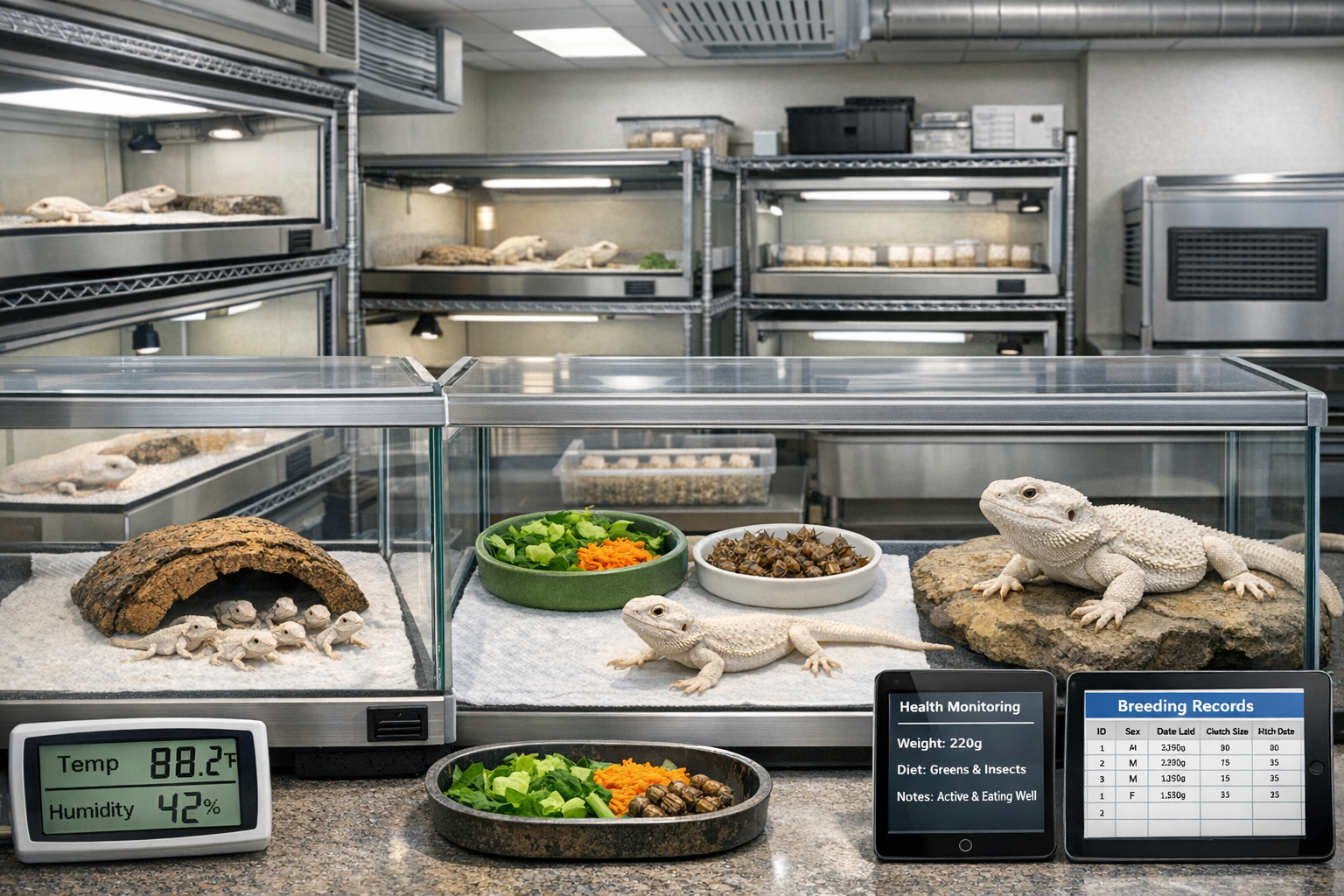 Professional reptile breeding facility showcasing healthy zero bearded dragons at different life stages from hatchlings to adults, clean bre